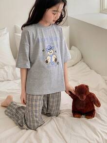 DAZY Tween Girl Cartoon Print Short Sleeve Top And Plaid Pants Pajama Set - Grey - View 3