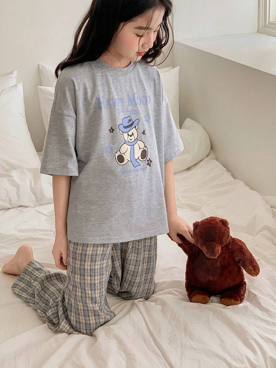 DAZY 少女卡通印花短袖上衣和格子裤睡衣套装 - 灰色 - 查看 1