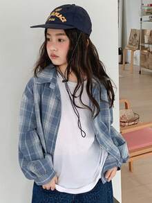 Dazy Kids Áo sơ mi dài tay kẻ caro cài một hàng khuy kiểu dáng thường ngày cho bé gái tuổi teen mùa hè - Màu xanh nhạt - Xem 4
