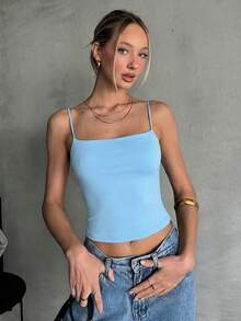 SHEIN EZwear 女士夏季修身纯色性感露背蓝色吊带背心 - 藍色 - 查看 4