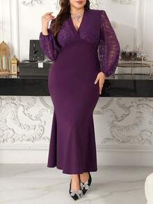 Modelyn Plus Size Women Elegant Lace Patchwork Lantern Sleeve Cross V-Neck Midi Dress, Suitable For Commuting - Purple - View 5