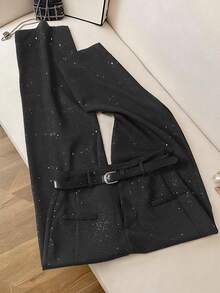 Franclia New Elegant Commuter Women's Straight Wide-Leg Pants With Gold Sequin Design, Casual Trousers With Belt Accessory, Black Gold Sequin Long Pants - Black - View 4