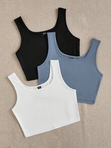 SHEIN EZwear 休闲简约黑白蓝多件装修身圆领吊带背心，适合夏季穿着，大码可选 - 彩色 - 查看 4