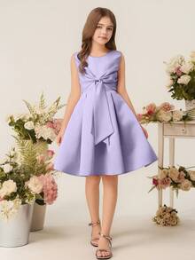 Girls Princess Dress, Elegant Backless Dress, Children Birthday Party Dress, Flower Girl Wedding Gown, Bowknot Dress - Purple - View 6