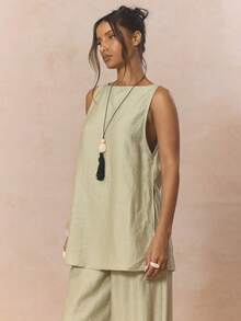 MUSERA Top holgado de corte largo con cuello en pico, top coordinado solo, lindo para primavera, vacaciones, estilo femenino, azúcar y sal, verano - Caqui - Ver 3