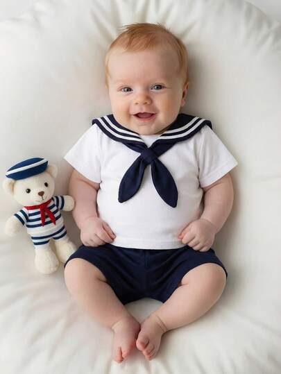 SHEIN 3pcs Newborn  Outfit, Navy Style Design Short Sleeve T-Shirt, Shorts, And Detachable Scarf, Soft, Loose And Comfortable For Party, Vacation, Outing, Photoshoot Boy Baby Clothes Unisex Baby Clothes Suit For Baby Cristening Outfit For Baby Boy Photoshoot Outfit For Baby Baby Summer Outfits