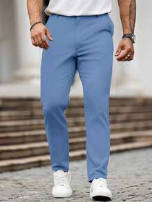 Manfinity Homme Quần dài nam trơn màu, kiểu dáng thường ngày, đa năng. - Màu xanh lam - Xem 3