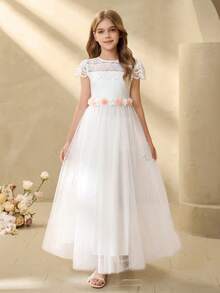 Girls' Elegant Flowing Embroidered Mesh Halter Waist Flared Midi Dress, Suitable For Weddings, Galas, Birthdays, Parties, All Seasons - White - View 6