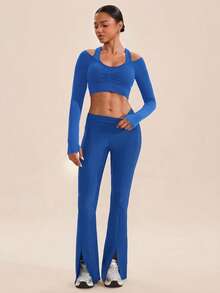 VARSIVA Solid Color Open Shoulder Fitted Cropped Sports T-Shirt - Royal Blue - View 4