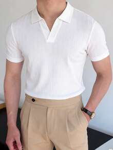 Manfinity Bizformal 男士休闲纯色短袖 Polo 衫和长裤套装，夏季 - 白色 - 查看 6