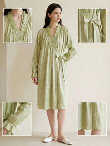 Cirelle Áo choàng tắm nhuộm hoa Ins Style – Áo choàng ngủ dài ngọt ngào, nhẹ nhàng, thích hợp mặc ở nhà vào mùa xuân/hè, mềm mại và ấm cúng để thư giãn tại nhà và spa. - Nhiều màu - Xem 3