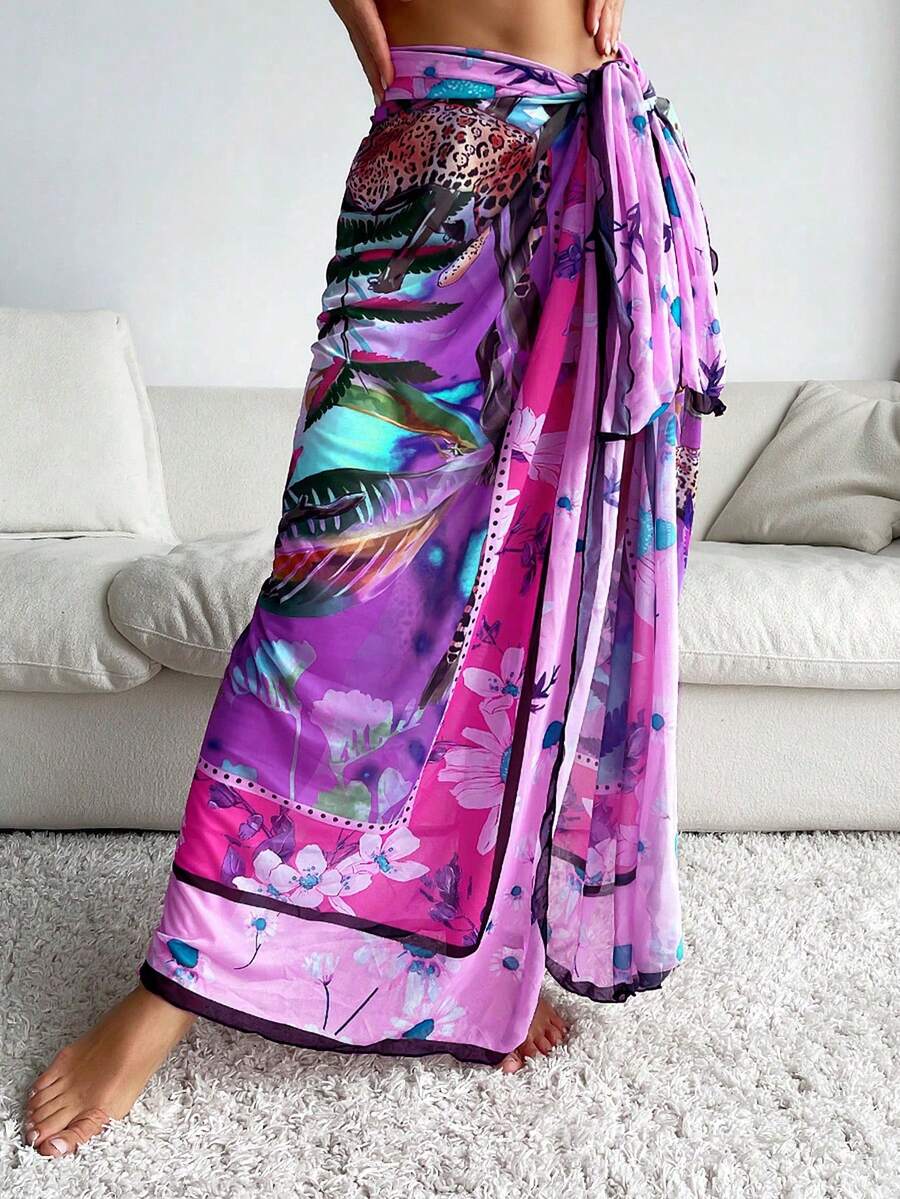 SHEIN Swim Conjunto de pareo y falda con estampado floral y cintura anudada para mujer, ideal para vacaciones - Rojo violeta - Ver 1