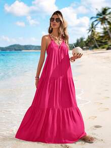 Sylviya Women's V-Neck Sleeveless Maxi Beach Dress For Vacation - Hot Pink - View 7