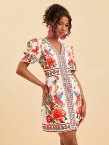 Travachic Vestido corto de verano con estampado tropical de loro, mangas de pétalos y cintura ceñida para vacaciones en la playa - Multicolor - Ver 7