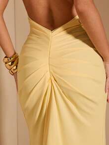 SHEIN BAE Vestido maxi elegante con cuello en V profundo, fluido, con lazo en la espalda y drapeado, color amarillo, para primavera/verano - Amarillo - Ver 6