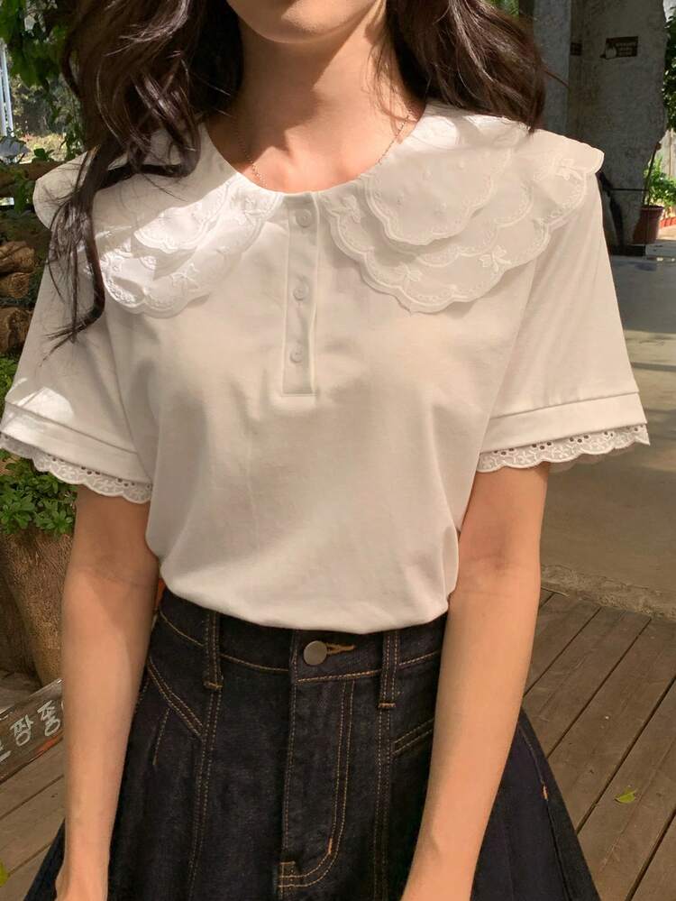 Women's Peter Pan Collar Short Sleeve Lace Patchwork Loose Elegant Casual T-Shirt Summer