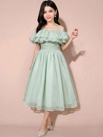 Pitira Pitira Tween Girls' Elegant Green Ruffle Strap Dress, Summer Sage Green Dress Midi Dress Ruffle Dress Off Shoulder Dress