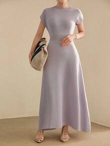 Dazy-Less Vestido de punto elegante para mujer, primavera/verano, unicolor, con cintura definida, estilo commuter - Morado - Ver 8