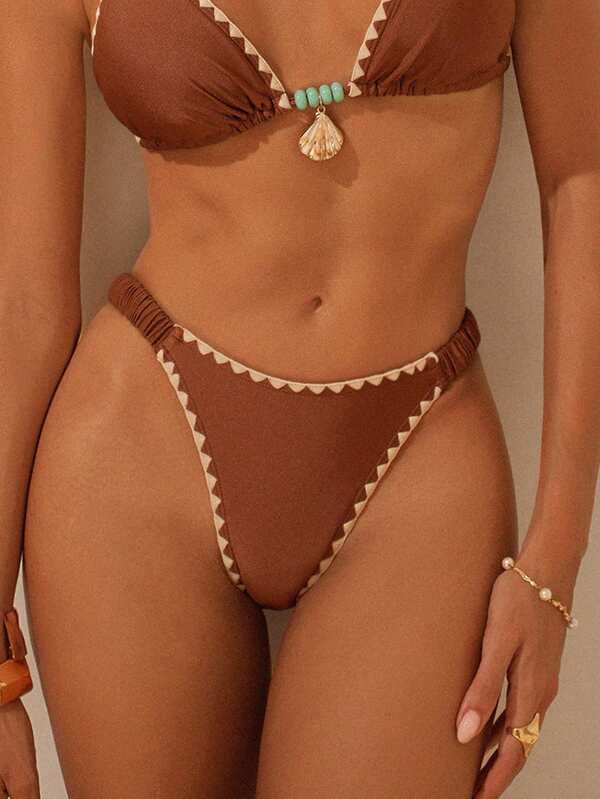 Swim Chiccia Elegant Shiny Fabric Solid Color Shell Embroidered Side Pleated Triangle Panties