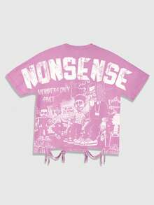 ROMWE MEN Street Life 男士街头风蝙蝠袖印花T恤，适合日常穿着，春夏款 - 粉色 - 查看 4