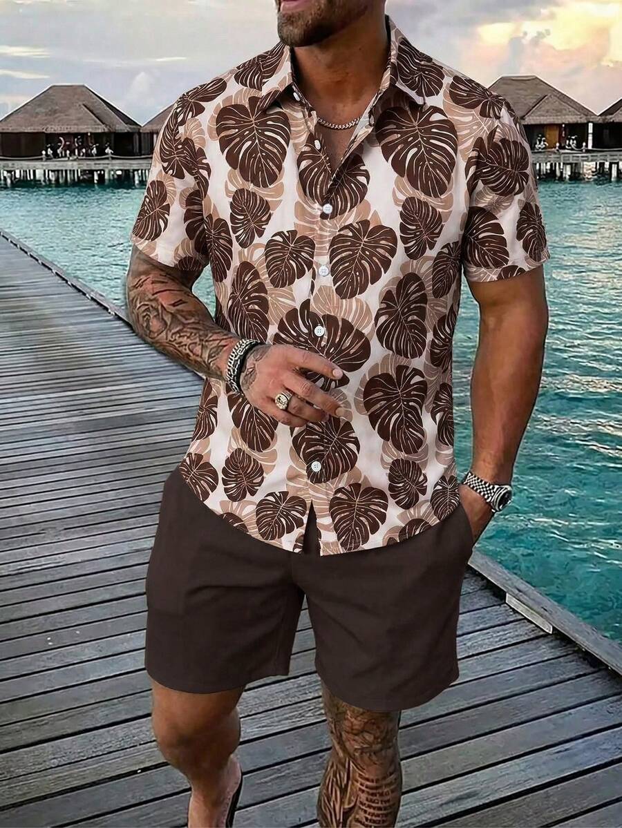 Surfspeed Men's Leaf Print Button-Down Short Sleeve Shirt And Drawstring Waist Shorts Casual Beach Outfit, Holiday - Coffee Brown - View 1