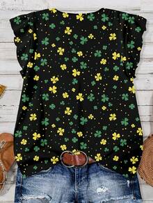 SHEIN LUNE Kemeja Kasual Wanita Motif Daun Semanggi, Cocok untuk Musim Panas dan Hari St. Patrick - MultiWarna - View 2
