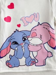 3pcs Girls Pajamas Set - Cute Blue & Pink Rabbit Print Snug Fit T-Shirt, Shorts And Leggings Snug Fit Girls Pajama Set Short Sleeve Pajama Set - Multicolor - View 3