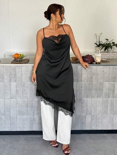 Firerie Plus Size Dam Enfärgad Djup Halsringning Kontrast Spets Asymmetrisk Fåll Elegant Camisole Klänning