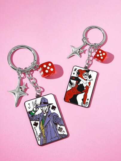 Harley Quinn X SHEIN Double-Sided Pattern Joker Movie Characters Zinc Alloy Bag Charms,Fun Dice Keychain, Pendants, Souvenirs, Collectibles, For Gifts, Wallets, School Bags, Backpacks,Car Accessories