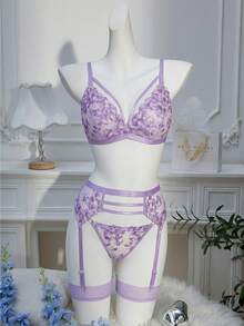 SHEIN 5pcs/Set Embroidery Mesh Splice Plus Size Sexy Wireless Bra Set - Lilac Purple - View 6