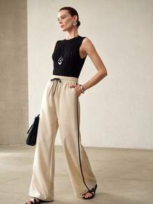 MOTF PREMIUM WOMEN'S CASUAL DRAWSTRING WAIST WIDE LEG PANTS - Apricot - View 6