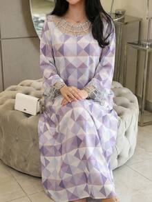 Yasmyna Damen Geometrisches Muster Locker Sitzend Rundhals Langarm Arabischer Stil Kleid - Verschiedenfarbig - Übersicht 1