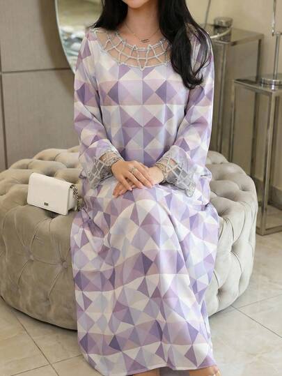 Yasmyna 女士几何印花宽松圆领长袖阿拉伯风格连衣裙