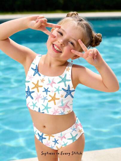 SHEIN Cream White, Colorful Ocean Shell & Starfish Print, Young Girls Casual Minimalist Camisole & Triangle Bikini Swimwear Set, Suitable For Swimming, Spa, Pool, Island Resort, Beach