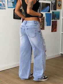 StreetHx 女士口袋纽扣做旧休闲百搭日常阔腿牛仔裤 - 藍色 - 查看 2