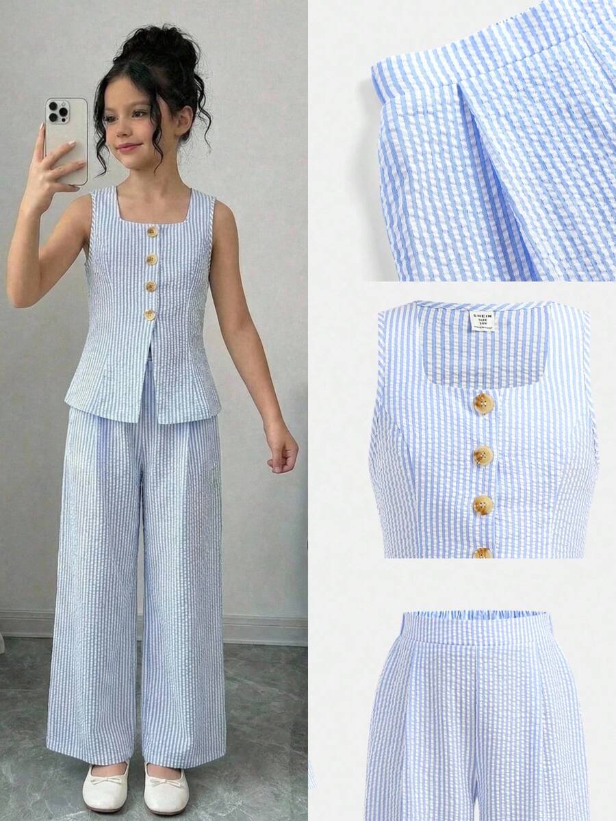 Firerie Kids Firerie Kids 少女春夏新款休闲度假通勤街头时尚蓝白条纹纽扣前开襟无袖背心上衣和直筒裤套装 - 藍白色 - 查看 1