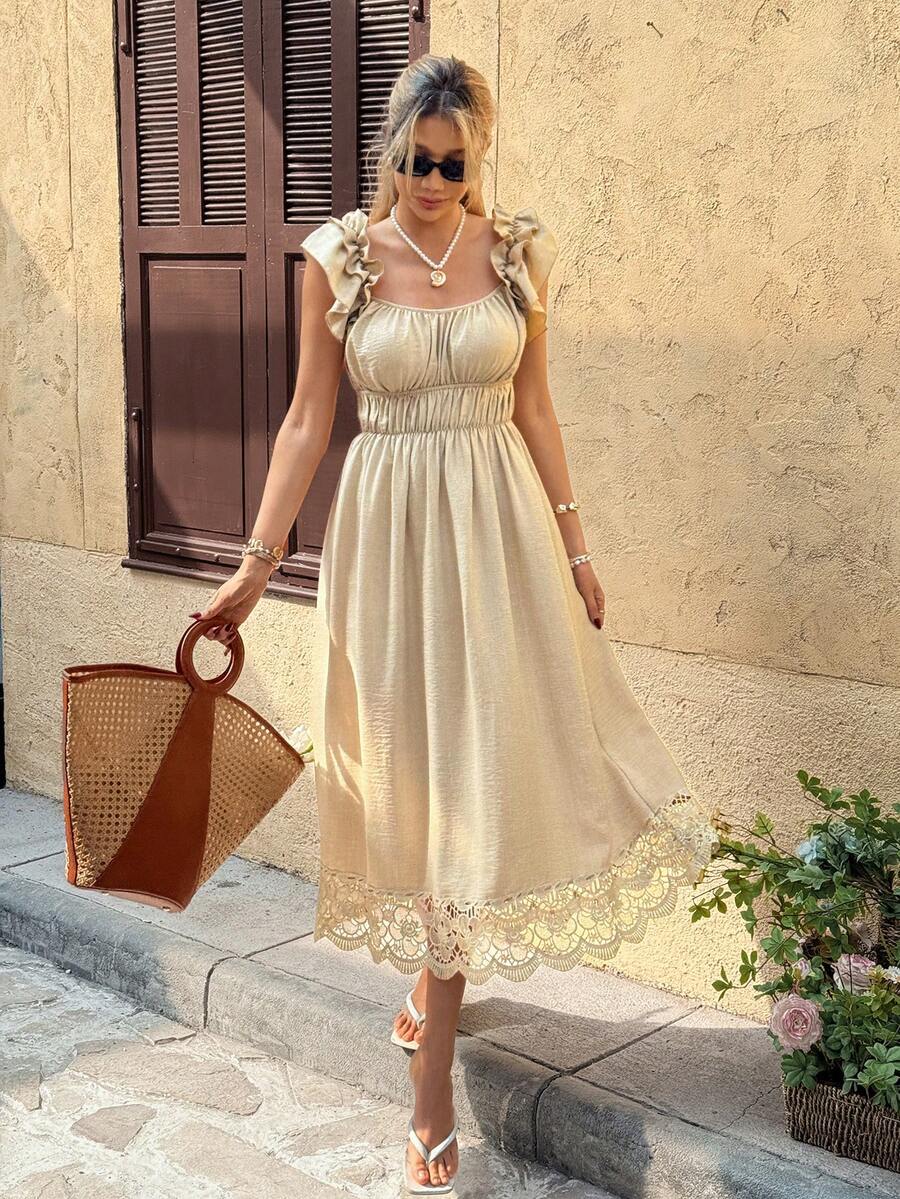 Serisse 女士休闲蕾丝拼接中长连衣裙 - 杏色 - 查看 1