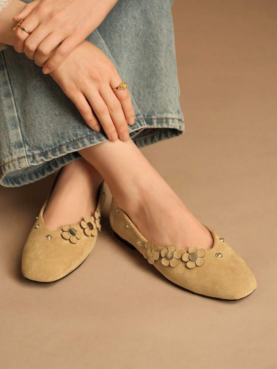 Rosivie Zapatos planos con decoración floral y punta cuadrada para mujer - Albaricoque - Ver 1