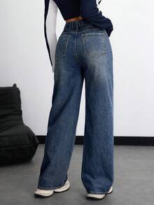 Flirla Plus Size Women Pocketed Button Casual Versatile Straight Leg Jeans For Daily Wear - Dark Wash - View 2