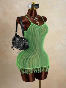 Bonvoyette 春夏新款女士绿色钩针镂空网纱无袖流苏拼接吊带裙，沙滩裙，比基尼罩衫，休闲沙滩装，夏季必备 - 綠色 - 查看 5