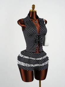 SaltGleam SaltGleam Bộ đồ 2 món gợi cảm cho kỳ nghỉ: áo và chân váy ren chấm bi phối ren. - Đen và trắng - Xem 5