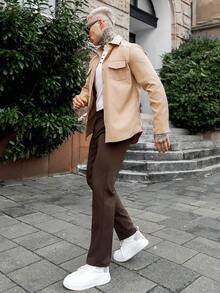 Artur Kramer 男士休闲纯色平领衬衫美式长袖衬衫，适合秋季外出穿着 - 卡其色 - 查看 5