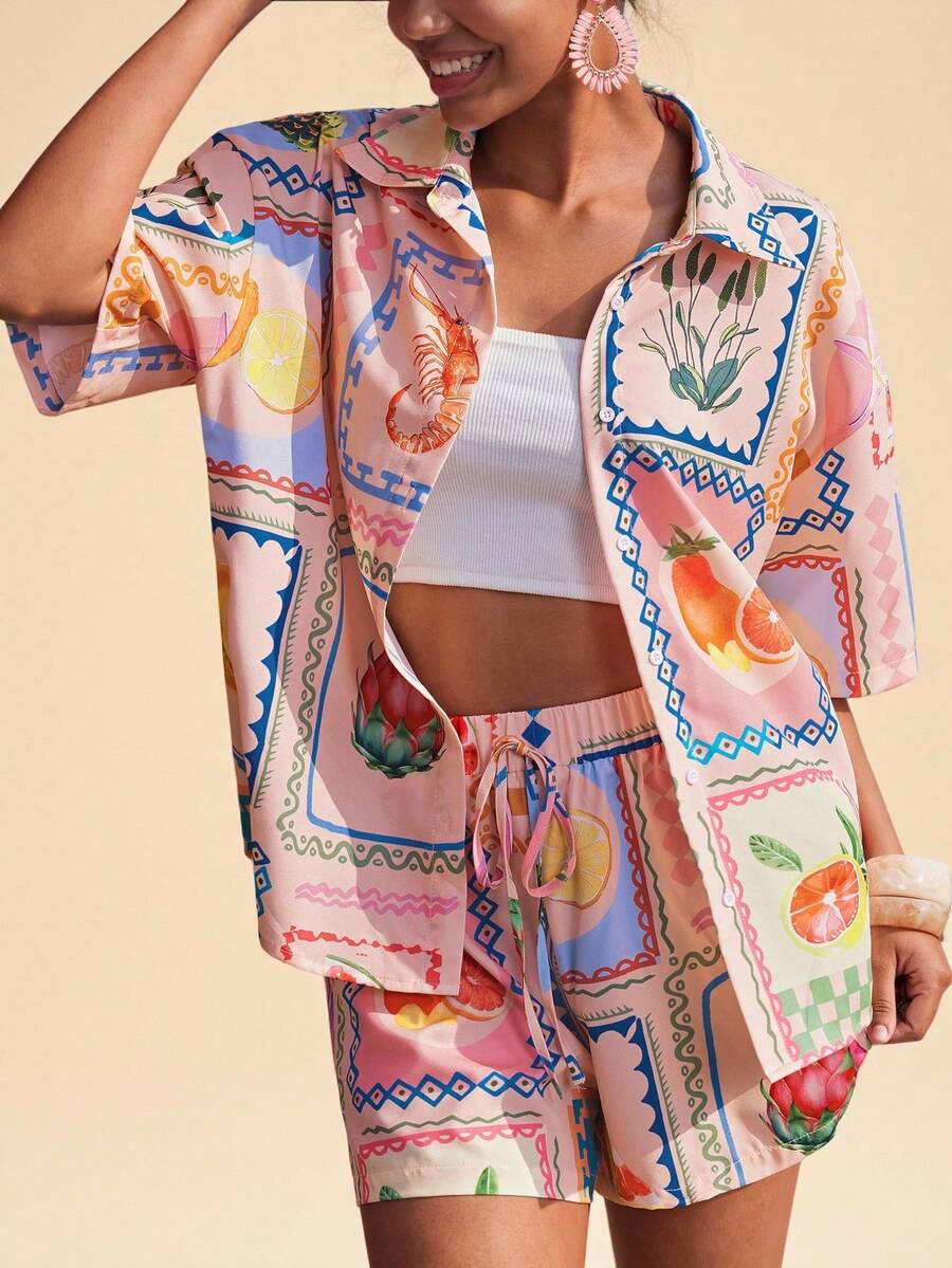 Travachic Conjunto de 2 piezas de camisa y pantalones cortos con estampado de frutas tropicales, casual de verano para mujer - Multicolor - Ver 1
