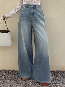 DAZY 女士休闲日常通勤时尚街头水洗宽松阔腿牛仔裤 Y2k - 淺色水洗藍 - 查看 8