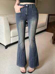 Jeans de pierna acampanada y ajuste ceñido para mujer - Azul - Ver 4