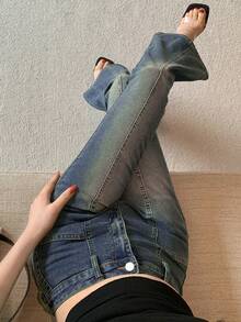 Jeans de pierna acampanada y ajuste ceñido para mujer - Azul - Ver 6