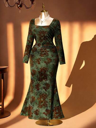 Rometta Vestido largo ajustado de mujer con estampado floral de terciopelo, elegante y retro estilo francés