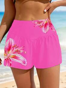 Swim Lushoire Pantalones cortos de playa con bolsillo y estampado de lirio para mujer, adecuados para vacaciones de verano. Pantalones cortos de baño, pantalones cortos de cobertura de traje de baño para mujer, pantalones cortos de verano casuales para mujer. - Rosa - Ver 4