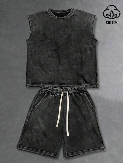 PAVTROS Conjunto de camiseta de tirantes de cuello redondo y pantalones cortos casuales con cordón en la cintura para hombre