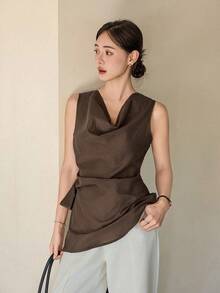 Dazy-Less 女士休闲通勤纯色圆领吊带背心，夏季商务休闲女装 - 咖啡棕 - 查看 3